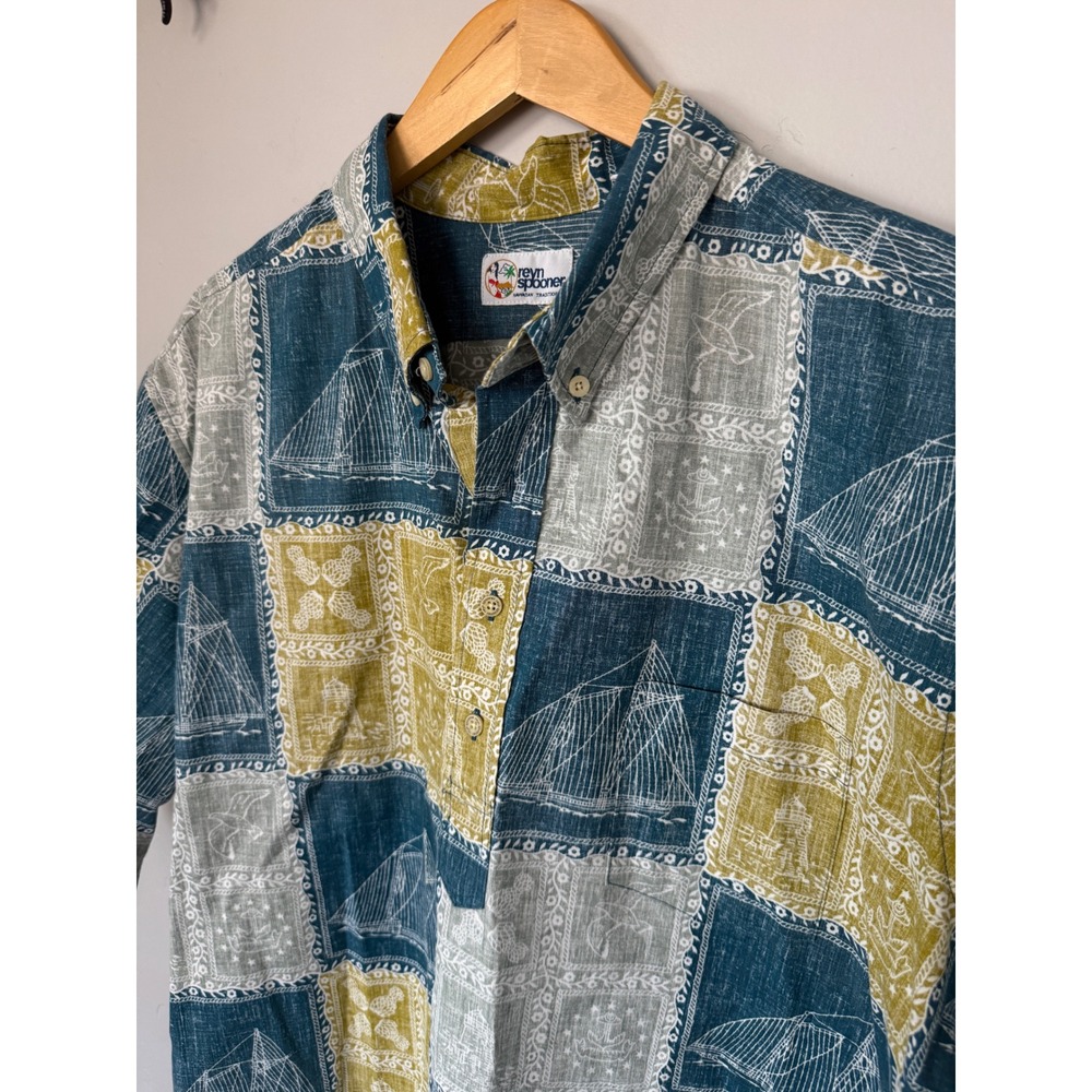 Reyn Spooner Mens XXL Blue Green Nautical Sailboat Patchwork Pullover Shirt